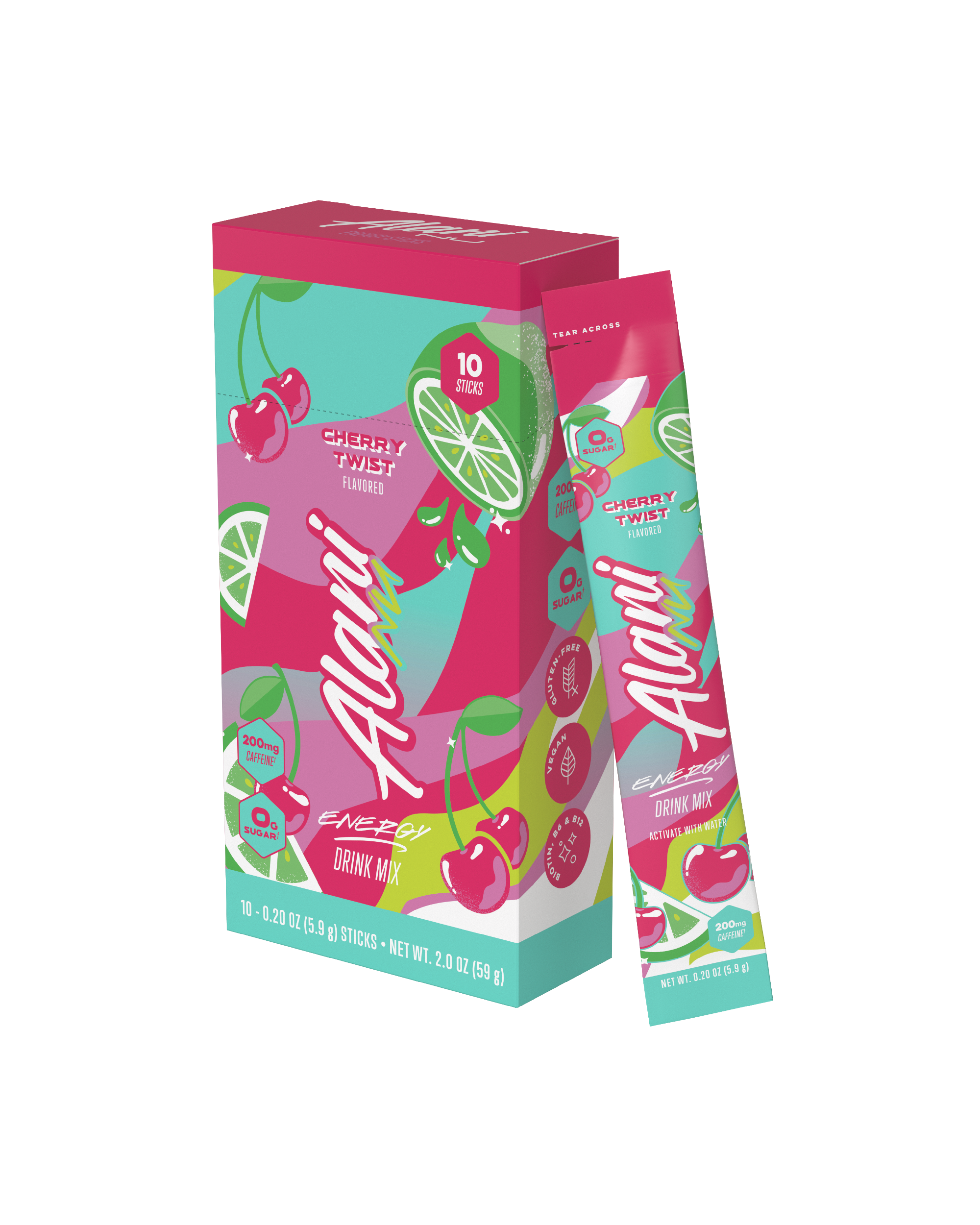 The front view of a sugar-free Alani Nu Pink Slush Energy Drink Mix 10-Pack, flavored with other natural flavors and made with 200mg of caffeine.