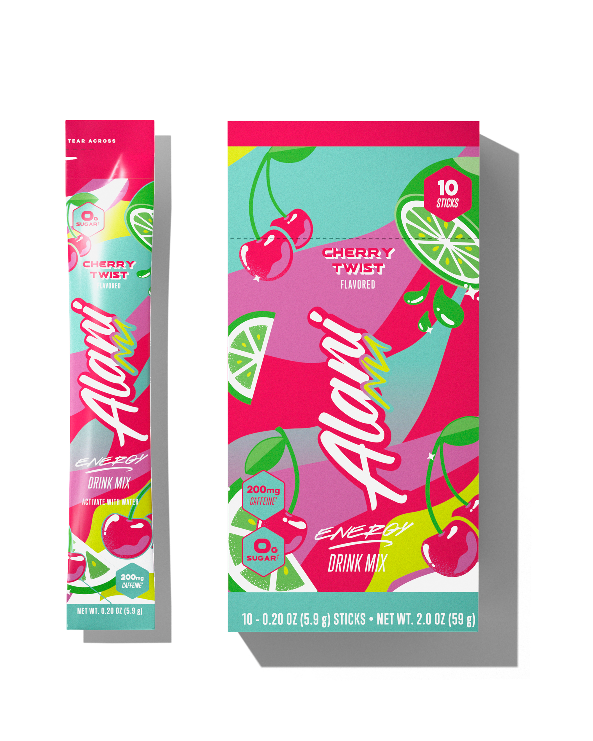 The front views of a 0.29oz stick and a 10-pack of Alani’s sugar-free Pink Slush Energy Drink Mix, flavored with other natural flavors and made with 200mg of caffeine.