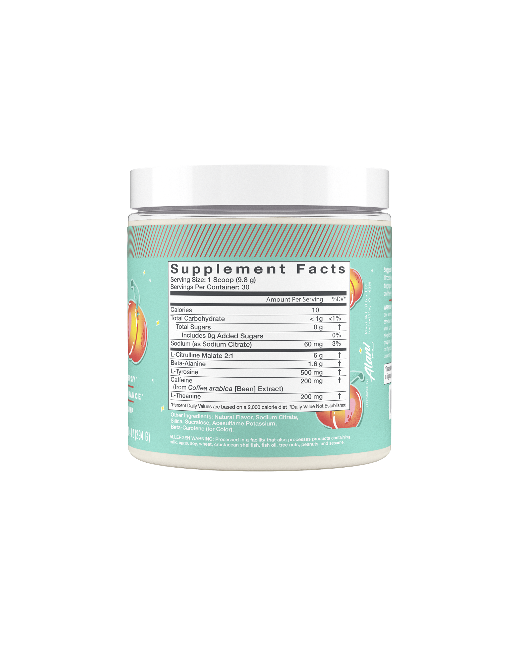 The back of Pre-Workout - Juicy Peach showcasing nutrition Facts.