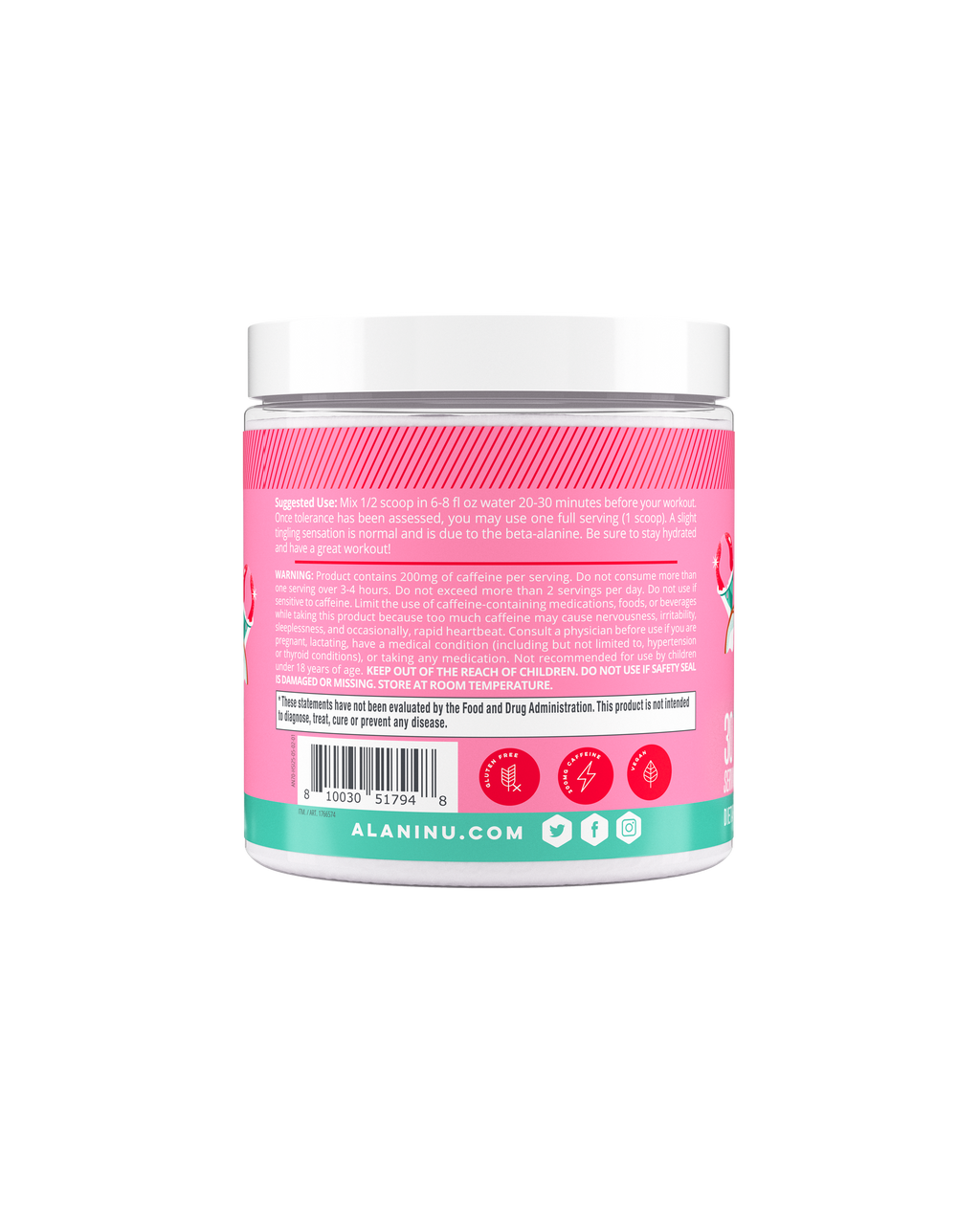 A side view of Pre-workout in Hawaiian Shaved Ice flavor showcasing suggested use of product.