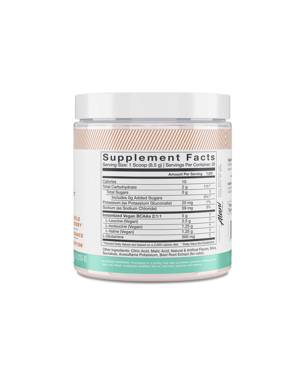 A back view of BCAA in Hawaiian Shaved Ice flavor highlighting supplement facts.