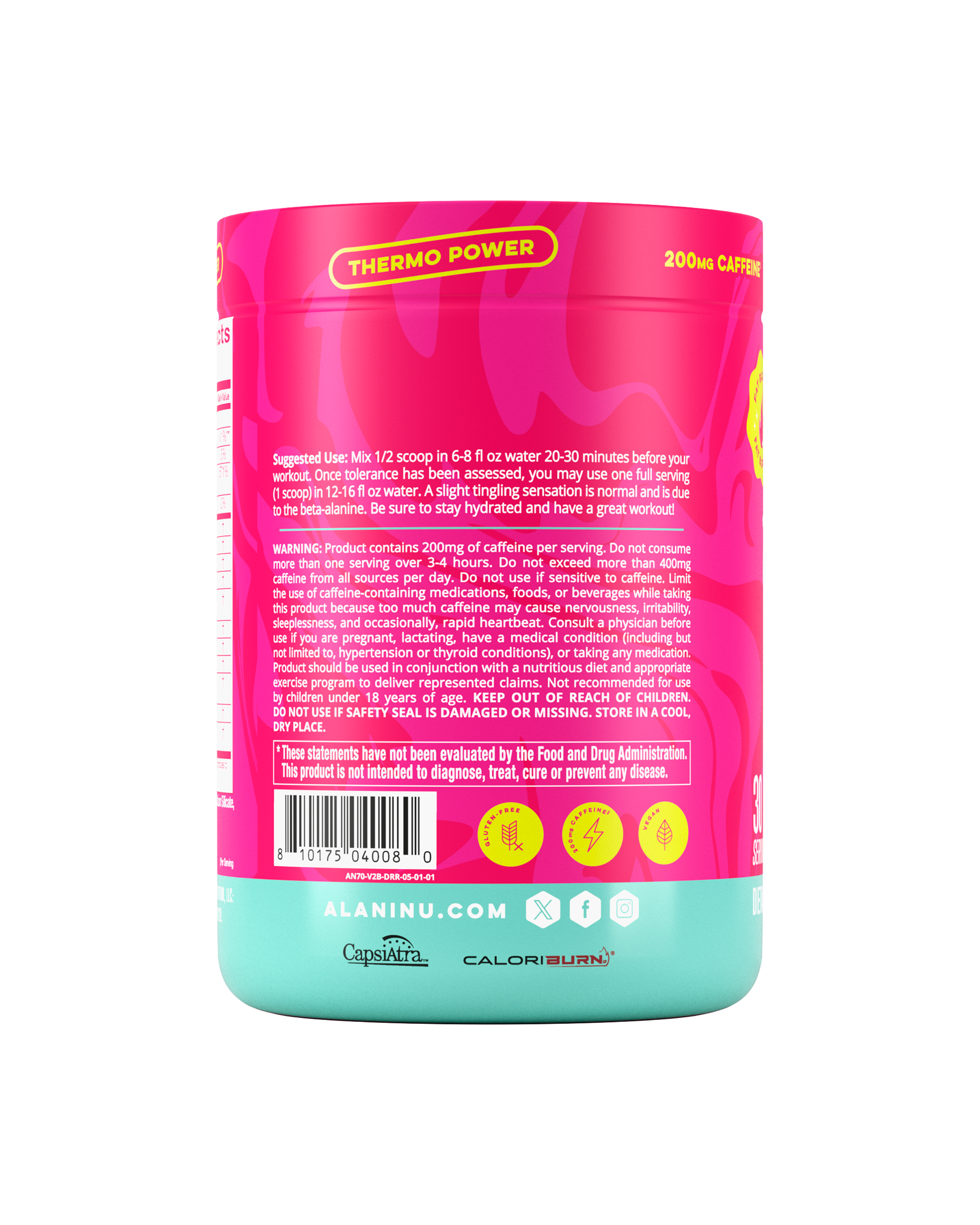 The side view of a Dragon Fruit Rush Pre-Workout+ Burn tub, gluten-free, vegan, and formulated with 200mg of caffeine per serving, CapsiAtra™, and CaloriBurn®. Suggested-use directions and warning shown.