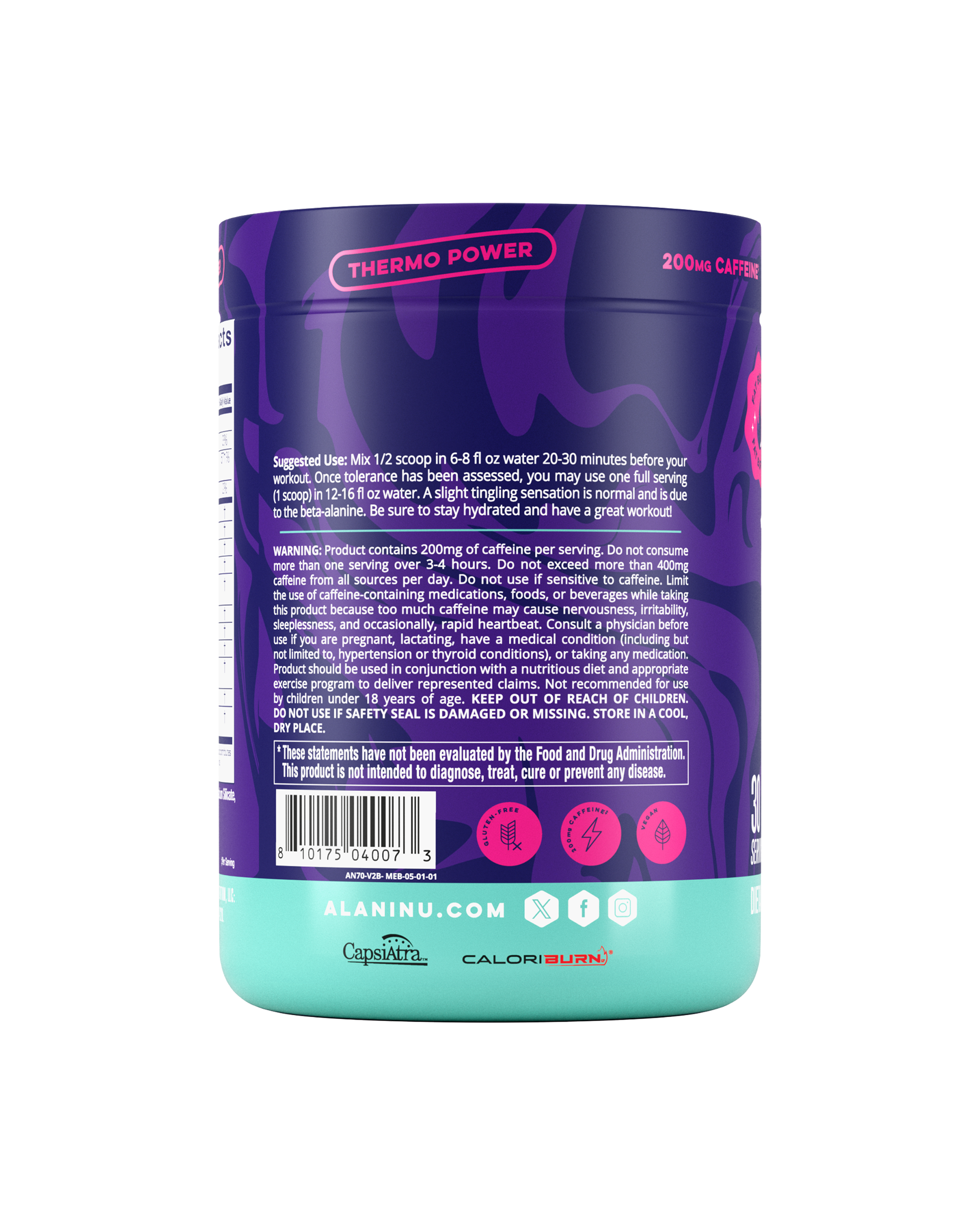 The side view of a Melonberry Blast Alani Nu Pre-Workout+ Burn tub, gluten-free, vegan, and formulated with 200mg of caffeine per serving, CapsiAtra™, and CaloriBurn®. Suggested-use directions and warning shown.
