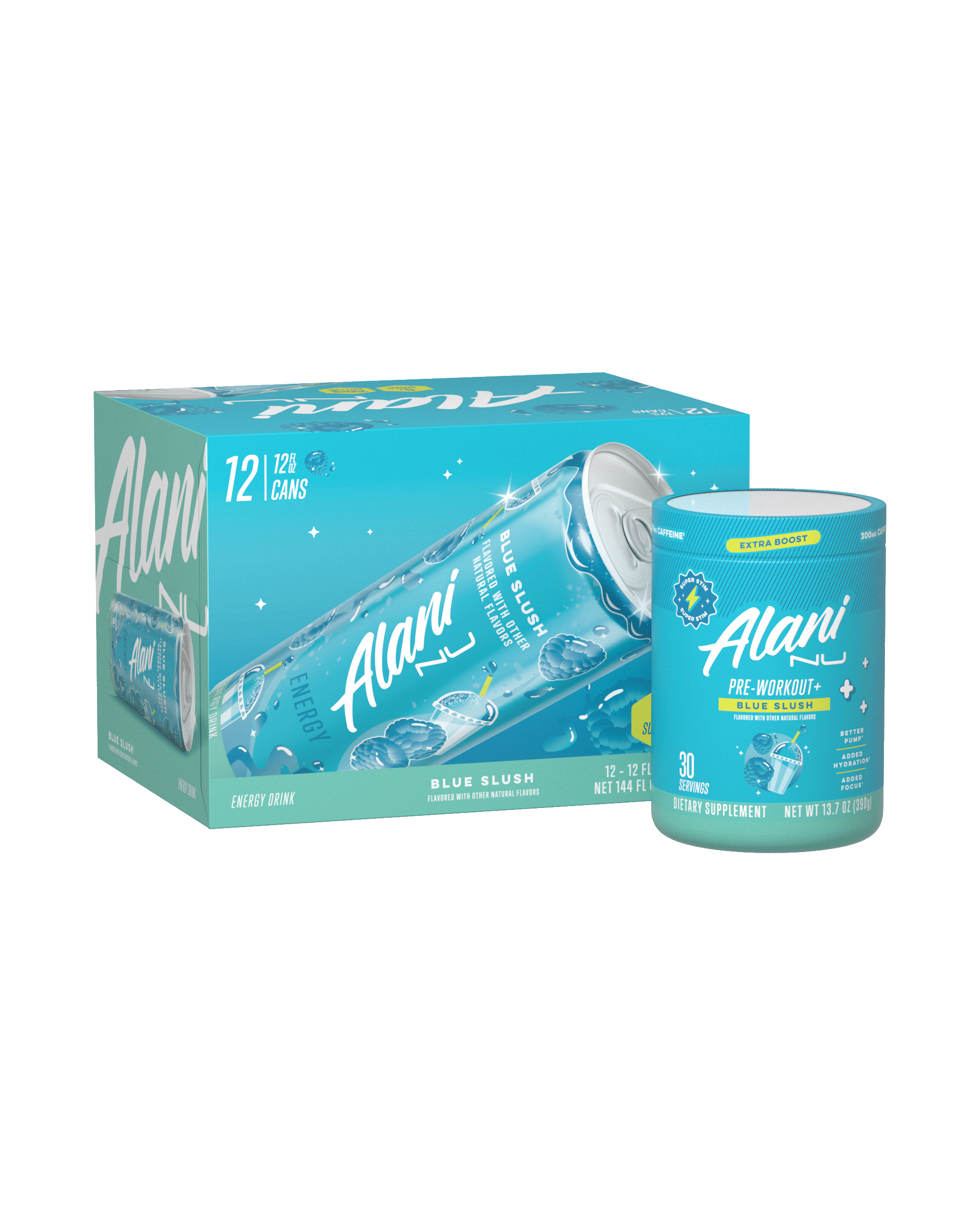 The front views of two Blue Slush products—an Energy Drink 12-Pack and a 30-Serve tub of Pre-Workout+.