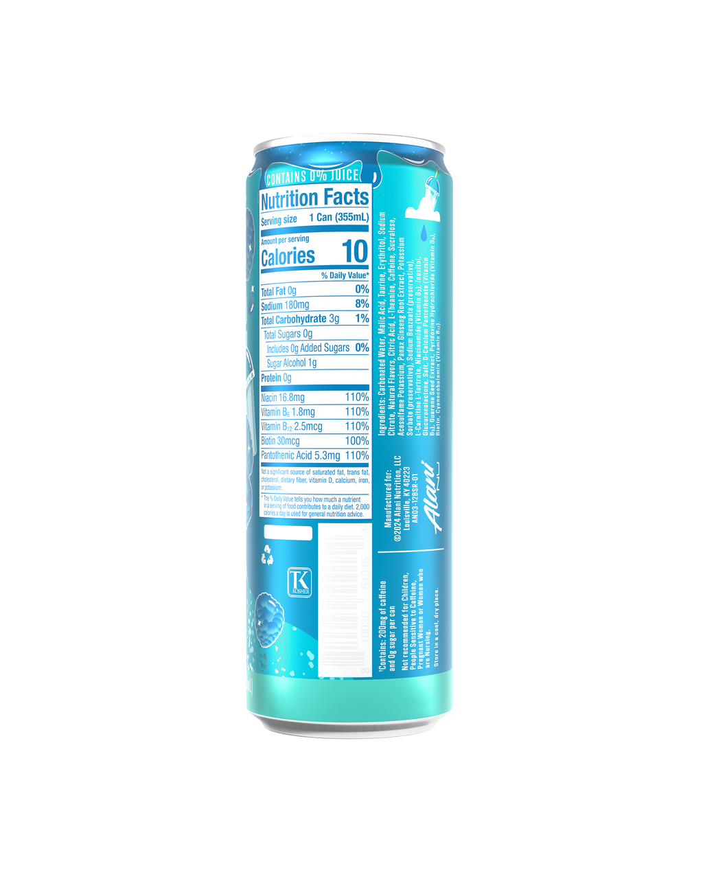 The back view of a 10-calorie Blue Slush Energy Drink, highlighting nutrition facts and ingredients.