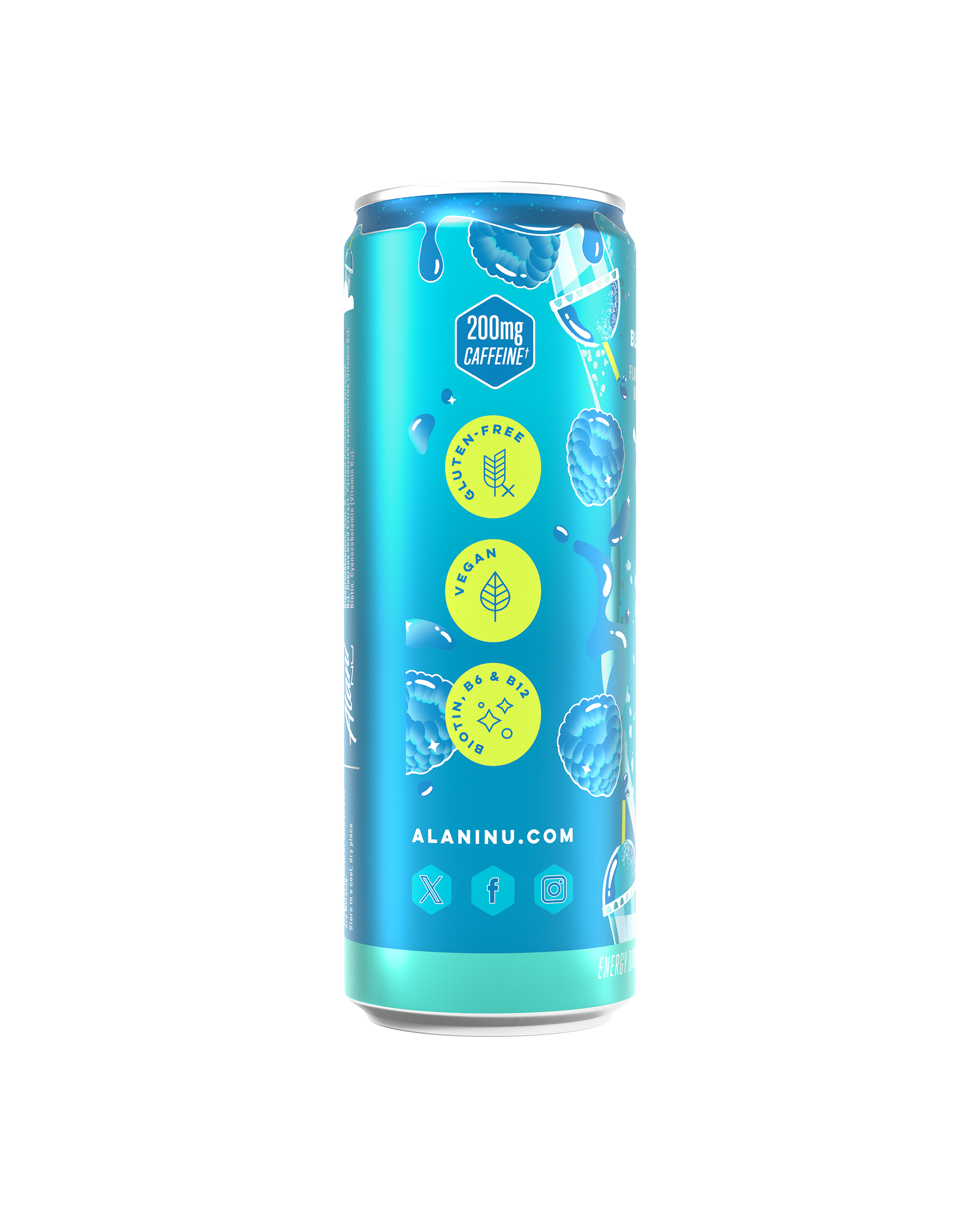The side view of a Blue Slush Energy Drink, gluten-free, vegan, and made with B vitamins and 200mg of caffeine.