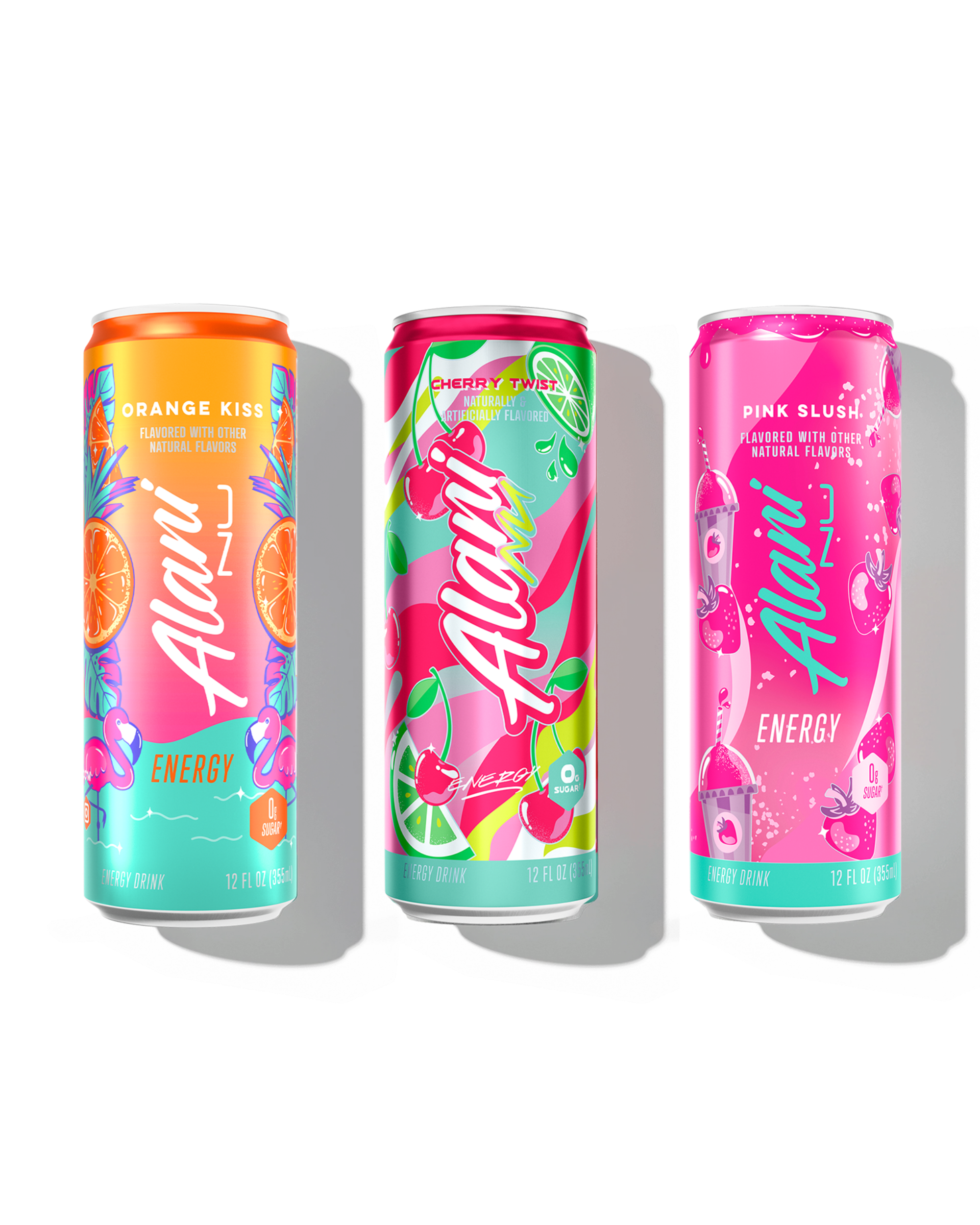The front view of 3 sugar-free, 12oz Alani Nu Energy Drinks—Orange Kiss (flavored with other natural flavors), Cherry Twist (naturally and artificially flavored), and Pink Slush (flavored with other natural flavors).