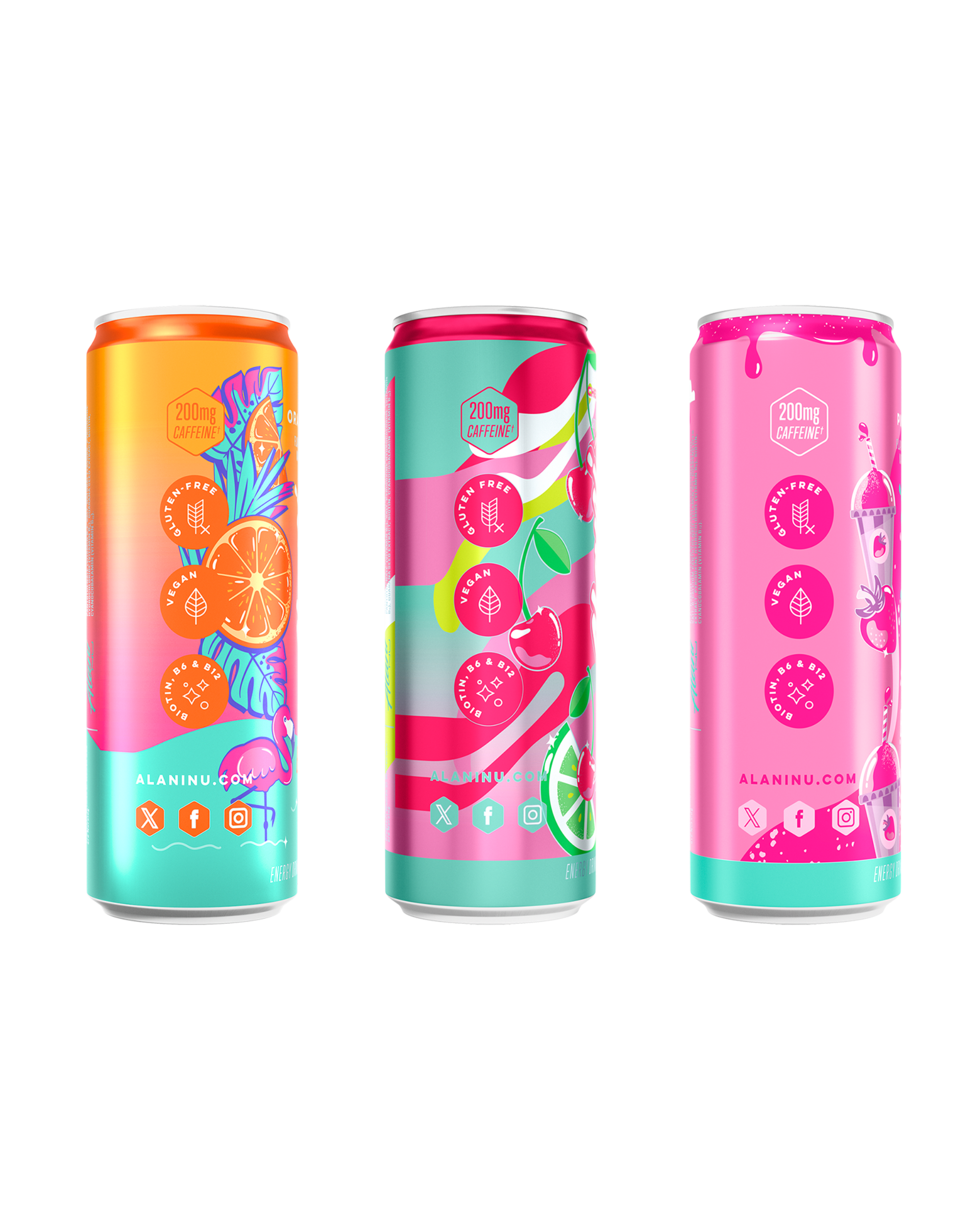 The side views of Alani’s Orange Kiss, Cherry Twist, and Pink Slush Energy Drinks—each gluten-free, vegan, and made with B vitamins and 200mg of caffeine.