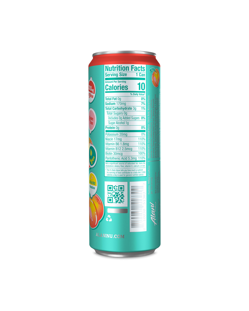 A back view of Energy Drink in Juicy Peach flavor highlighting nutrition facts.